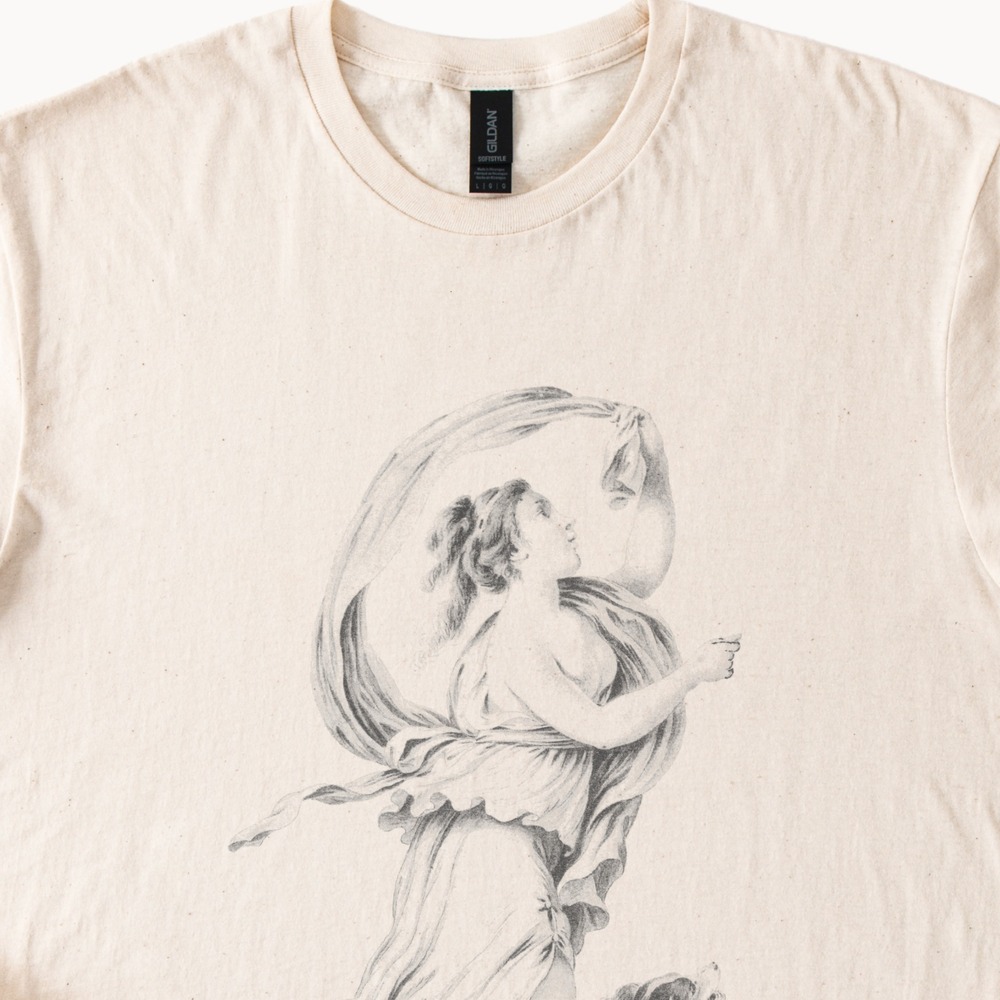 Classical Figure with Dog Graphic Tee Fine Art Pencil Drawing Style